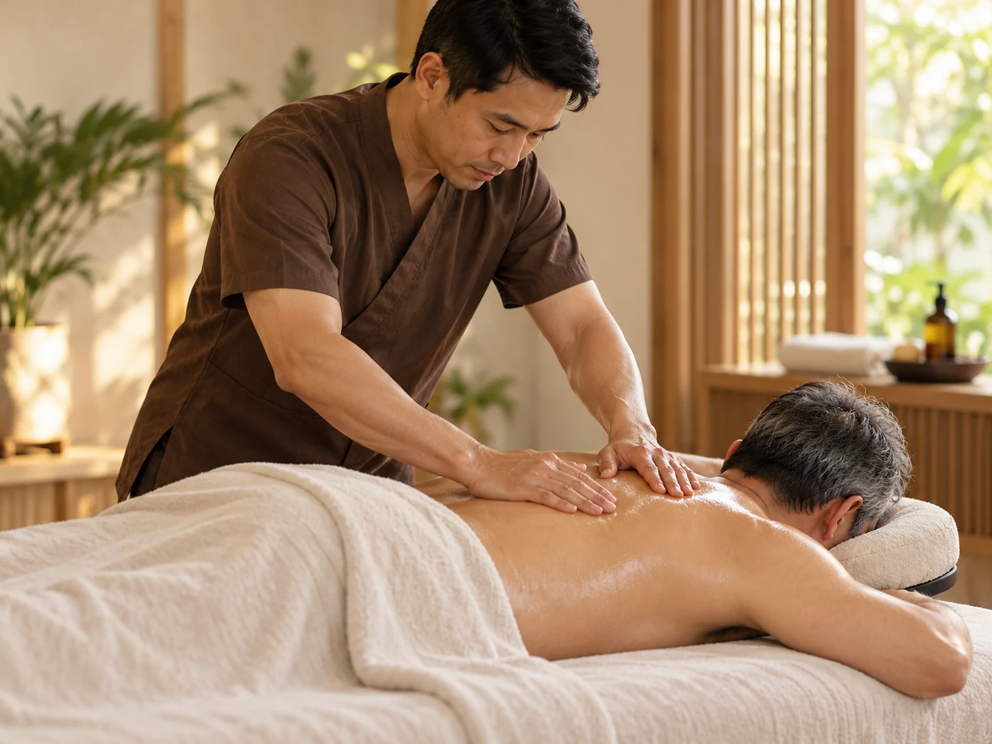 Practitioner performing oil-based back bodywork on a draped client lying face down.