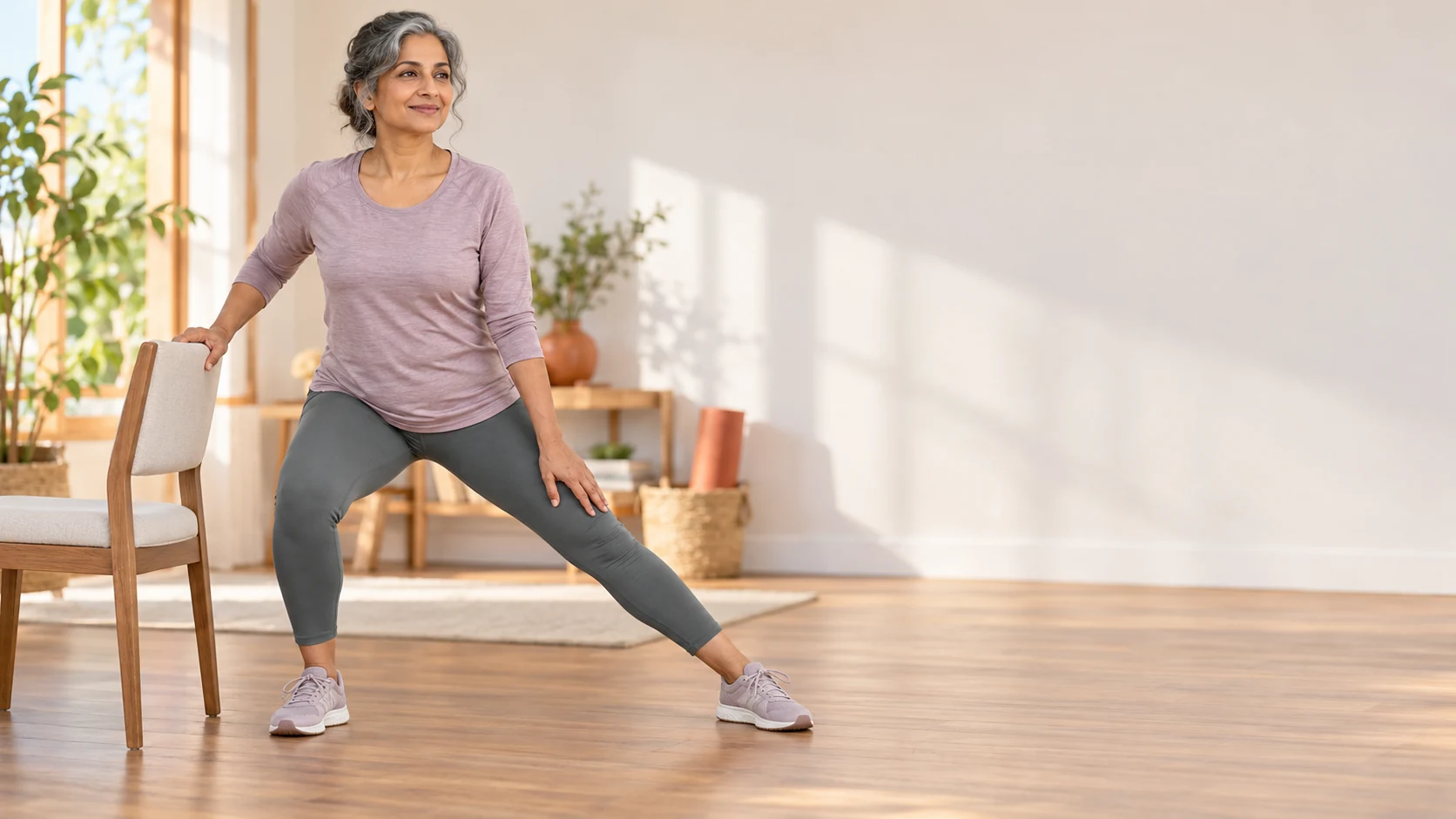 Illustration of a woman practising a supported side lunge beside a chair.